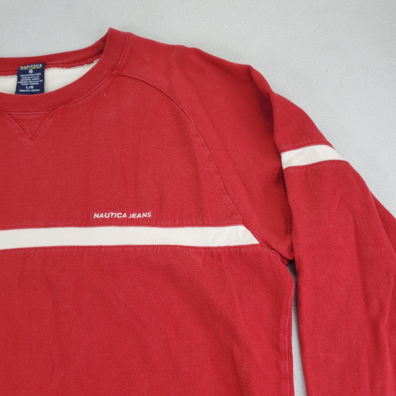 VTG Nautica Long Sleeve Shirt Mens L Maroon Red Cream Stripe Heavyweight T