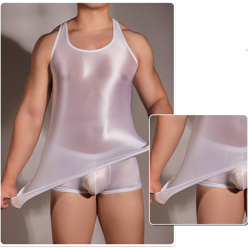 Sexy Men&rsquo;s Shiny Oil Tank Top Elastic Tank Top Transparent Fitness T-Shirt