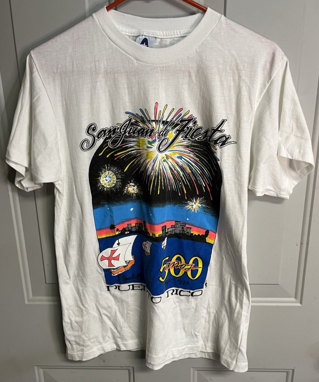 Vintage~San Juan Fiesta Regata Colon 92 T-Shirt~Size Large~Short Sleeve~White