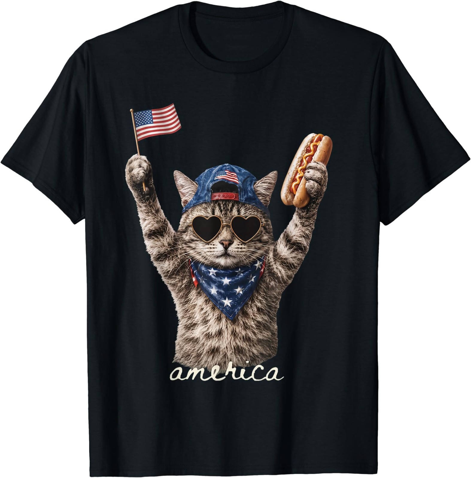Retro Funny America Cat Hot Dog Lovers Patriotic US Flag T-Shirt