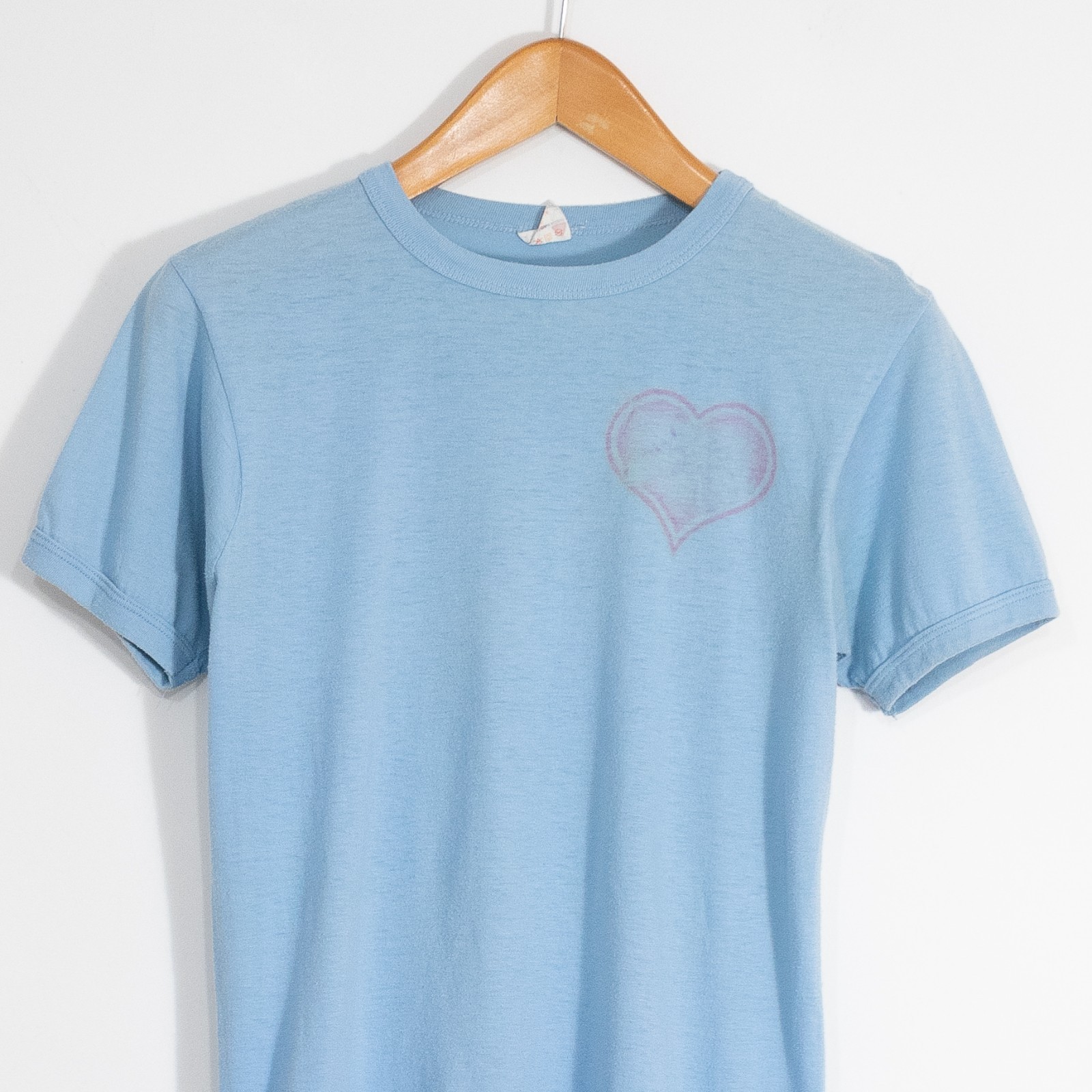 Vintage 80s Heart Ringer T Shirt Small – Single Stitch Distressed Name Text Blue