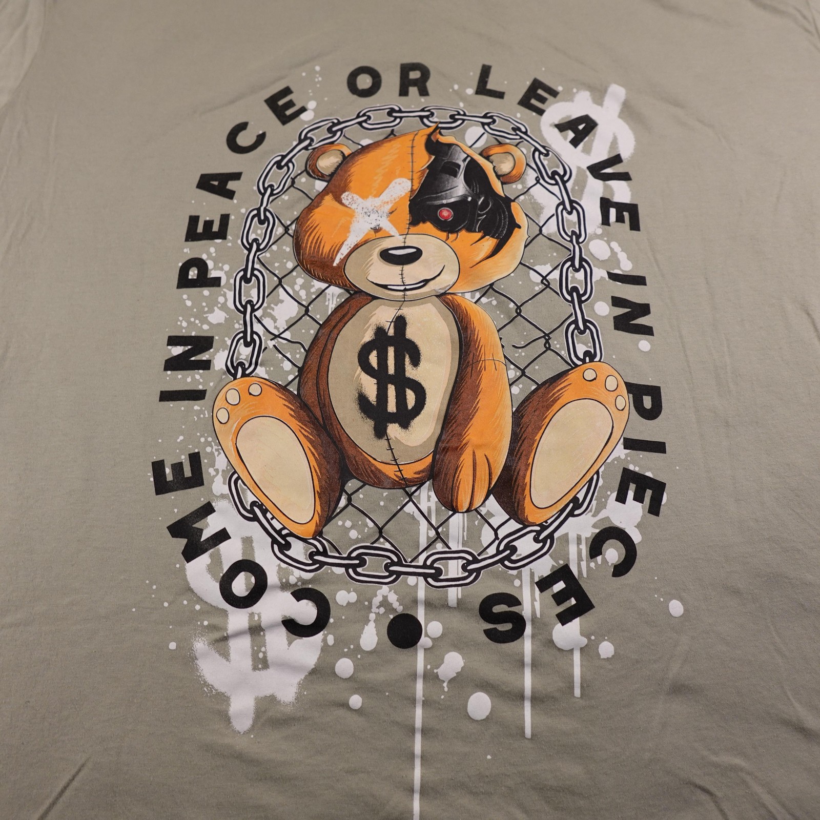 Hustle Shirt Mens 3XL Green Come In Peace Teddy Bear Graphic Streetwear