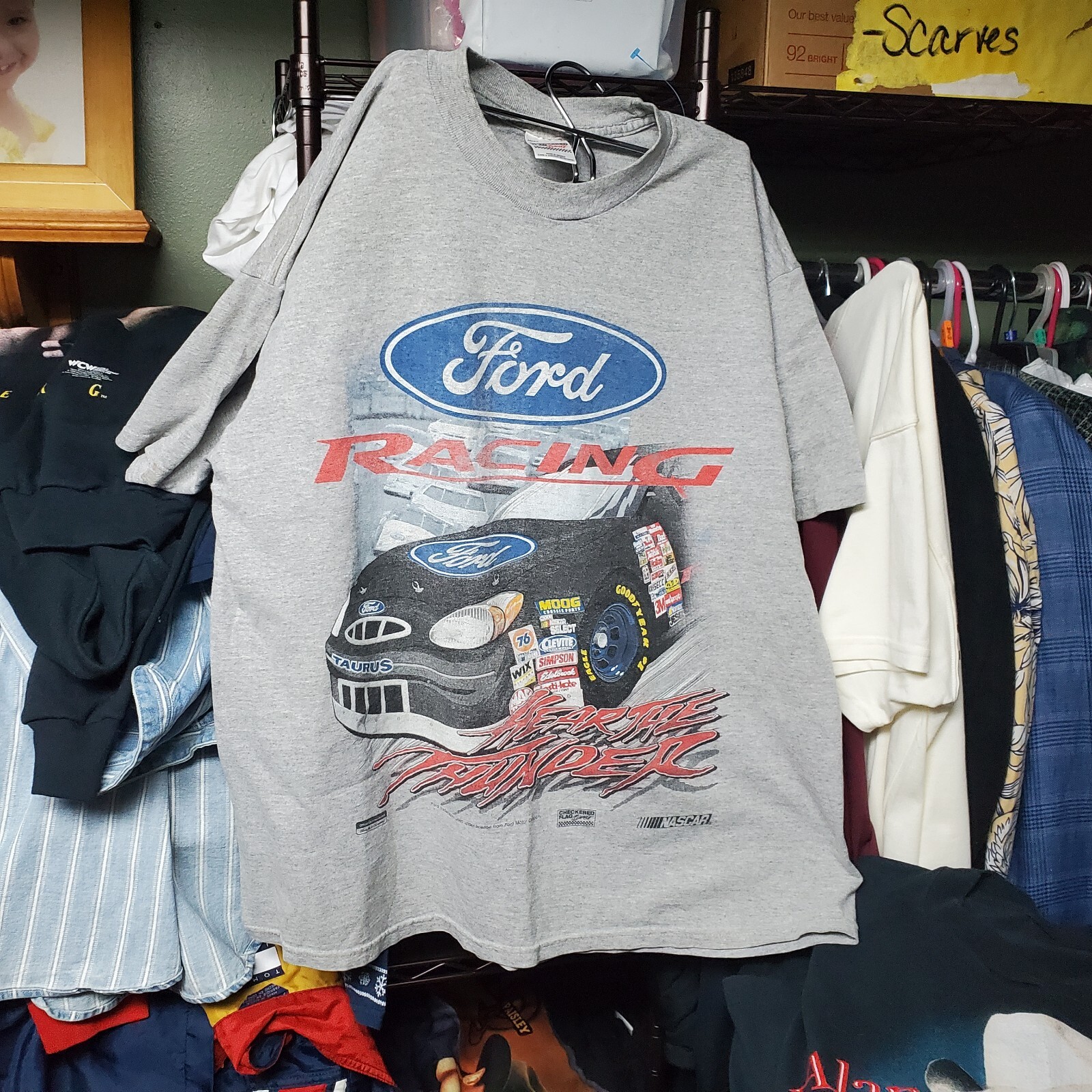 Vintage 90s Checkered Flag Sports Ford Racing « Hear The Thunder » Double Sided…