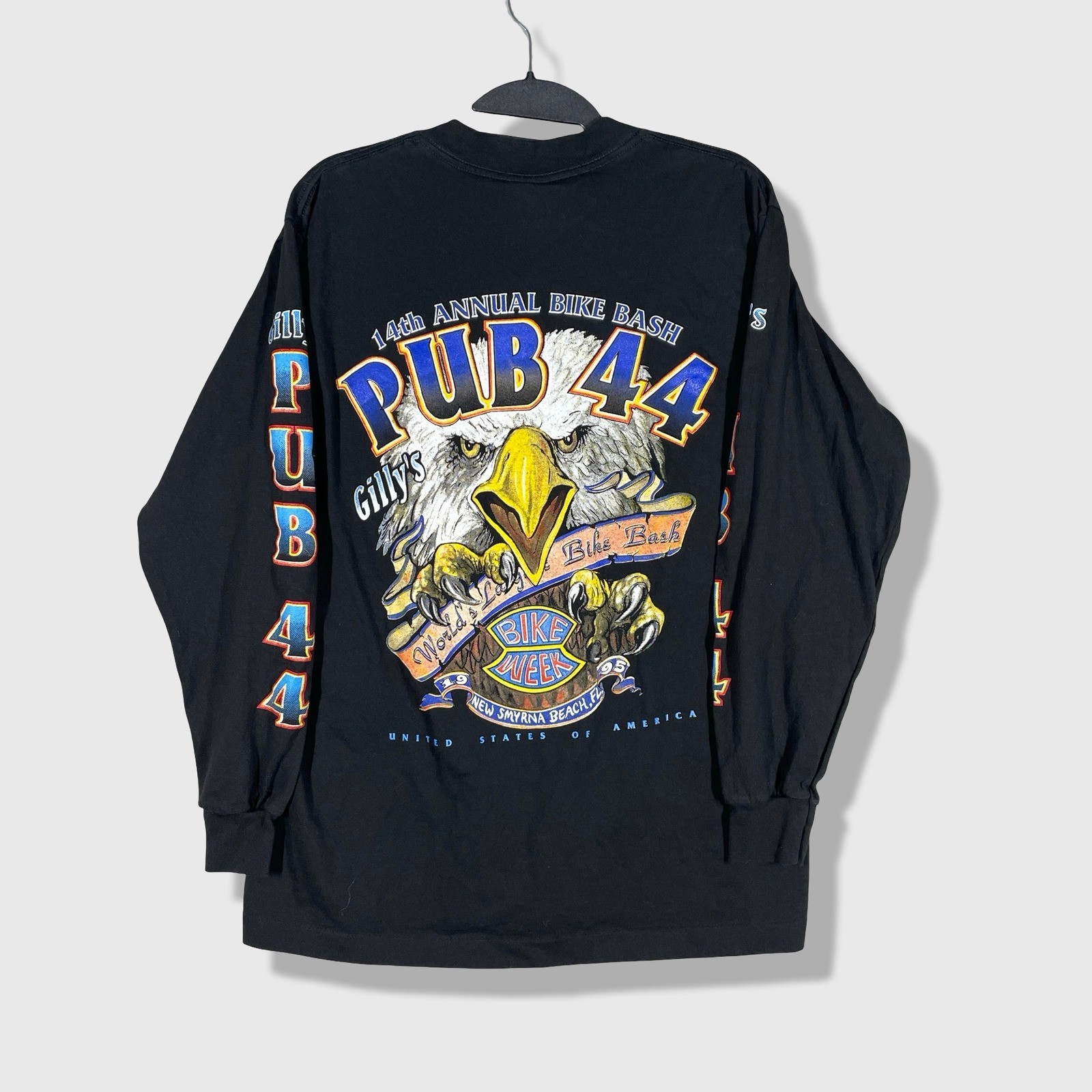 Tee Jays Long Sleeve Shirt Mens Medium Black Vintage 90s Bike Week Pub 44 Biker