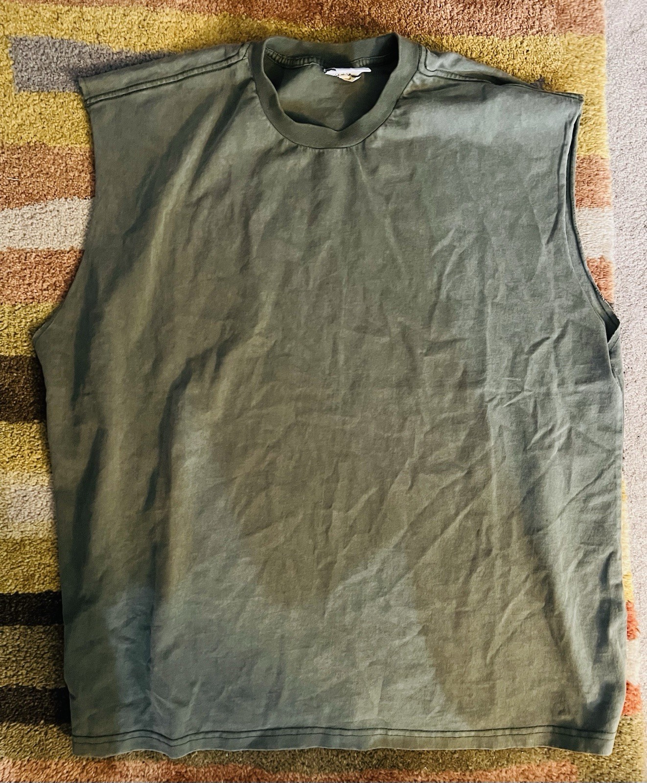 Heavy Wide Vintage Muscle Tee Military Green Large Tank Top