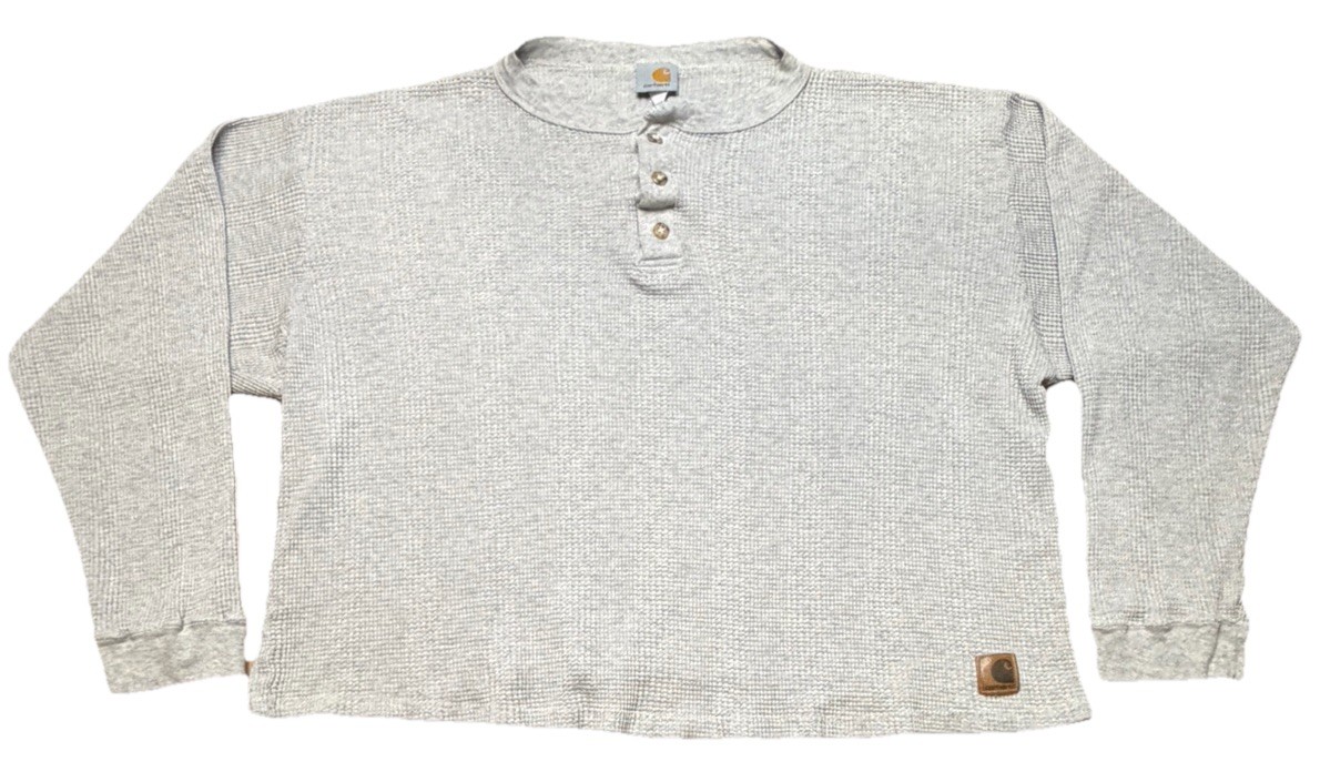 Vintage Carhartt L Gray Waffle Thermal Henley Shirt 28×22&Prime; Made in USA