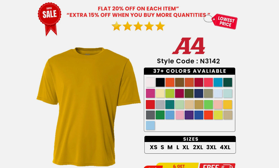 A4 N3142 Men&rsquo;s Polyester Cooling T Shirt Performance Crew Neck Jogging T-Shirt