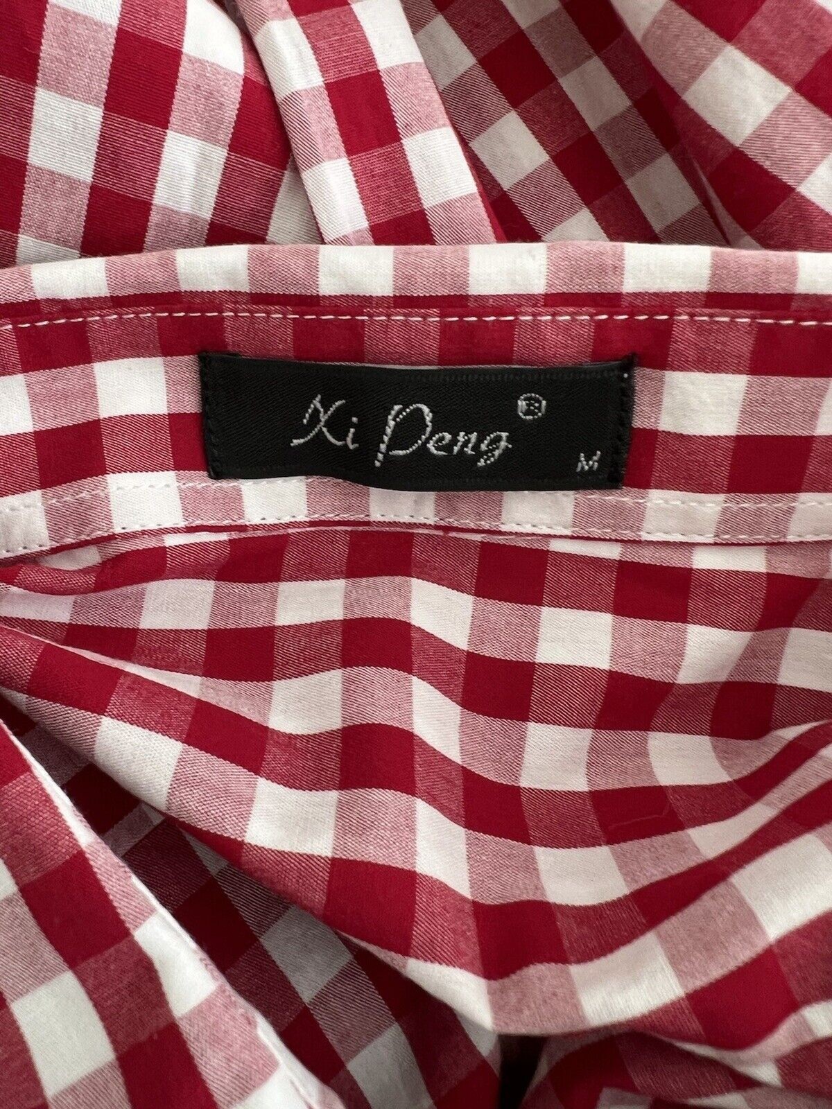 NWOT Xi Deng Men&rsquo;s Long Sleeve Casual Shirt Lightweight Red White Check Size M