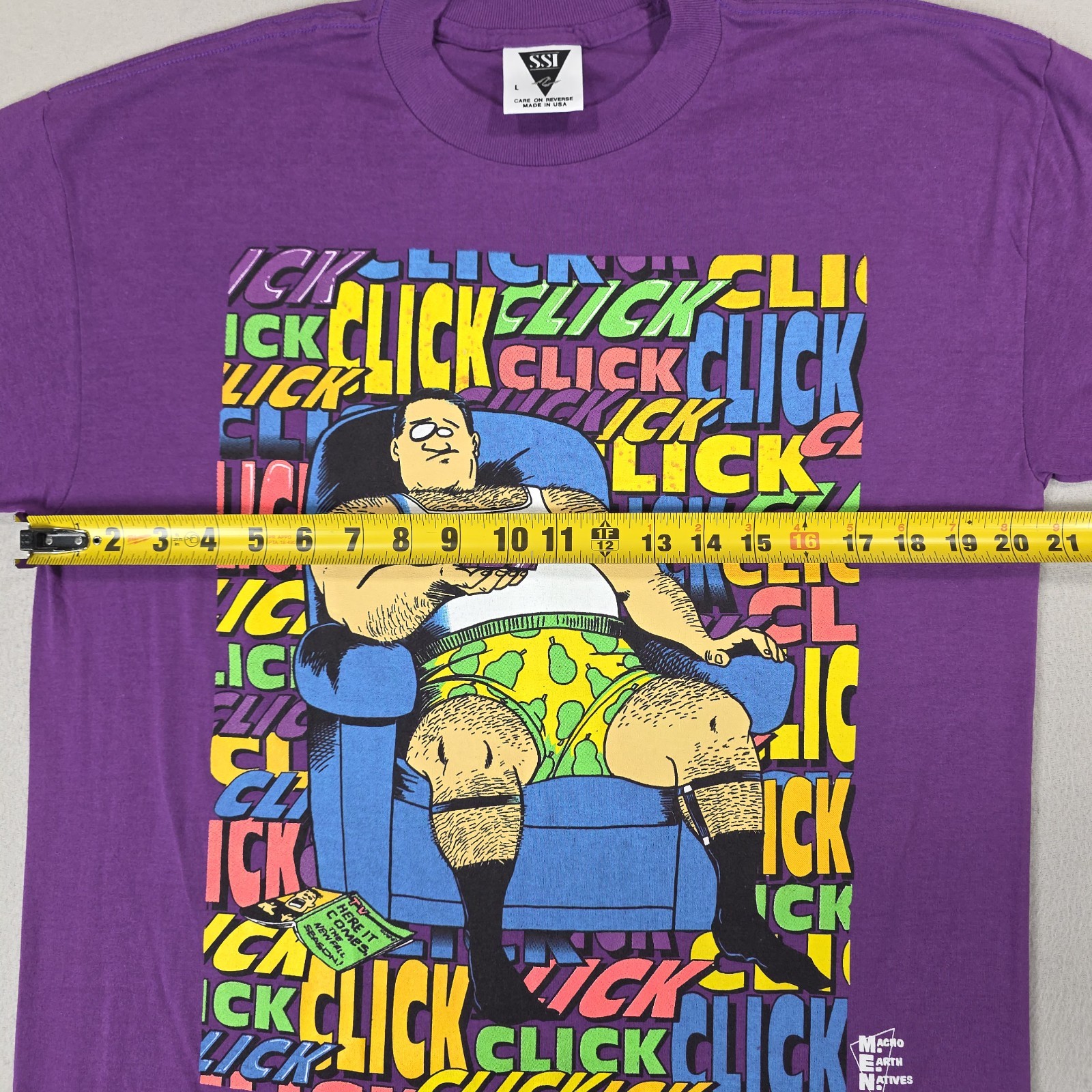 Vintage Cartoon Shirt Mens Large Purple Click Multicolor Spellout Couch TV Thin