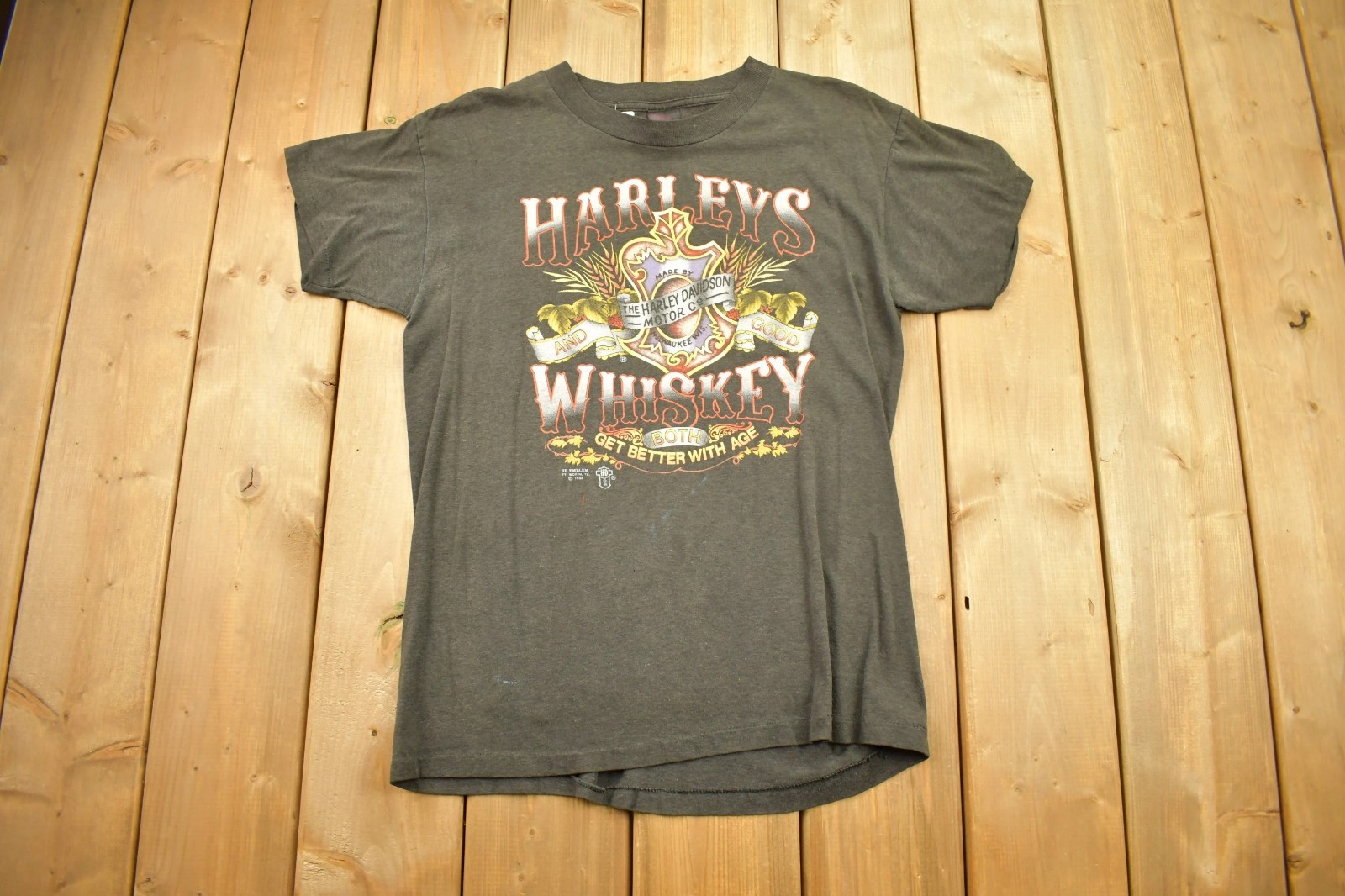 3D Emblem T-Shirt 1986 Harley&rsquo;s Whiskey USA 1Pc Black L Single Stitch Free Ship