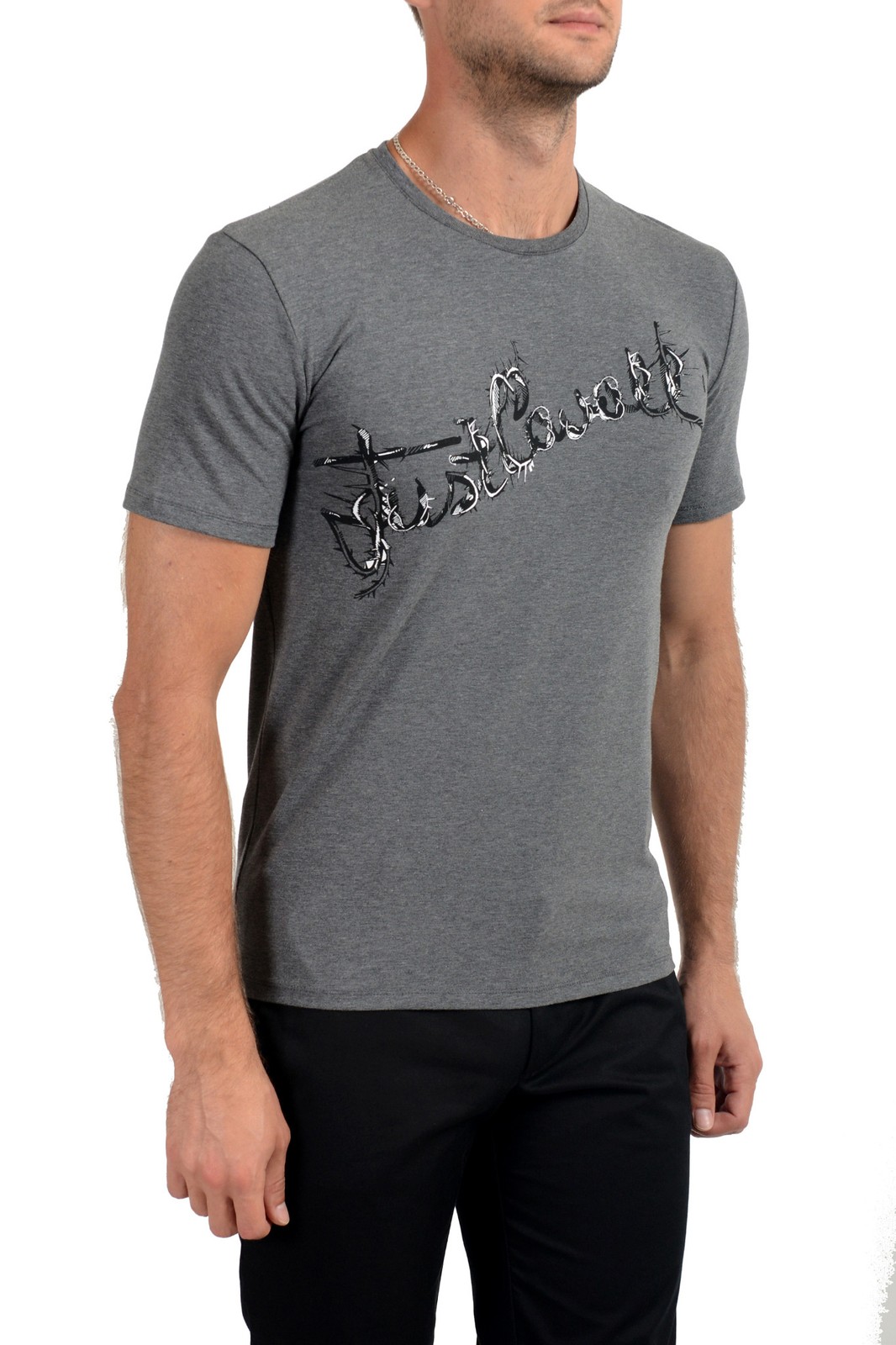 Just Cavalli Men&rsquo;s Gray Graphic Print Crewneck Stretch T-Shirt US 2XL IT 56