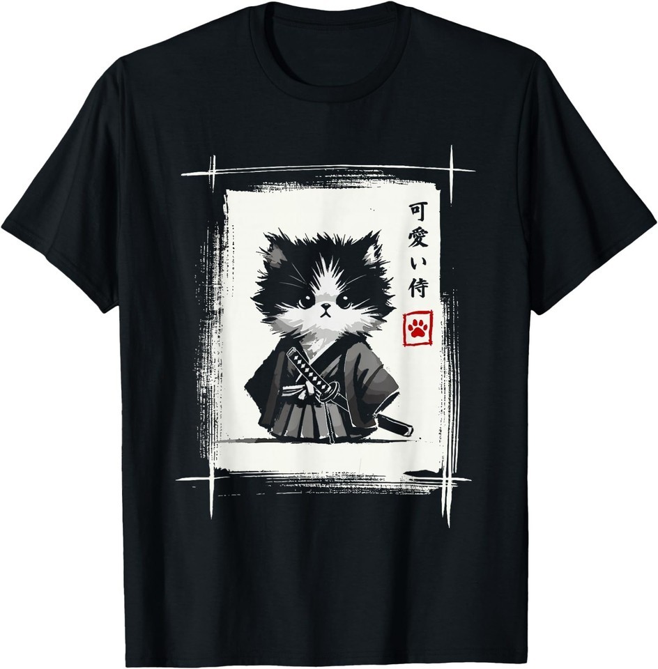 Samurai Cat Japanese Art Sumi-e Novelty Kawaii Funny Cat T-Shirt