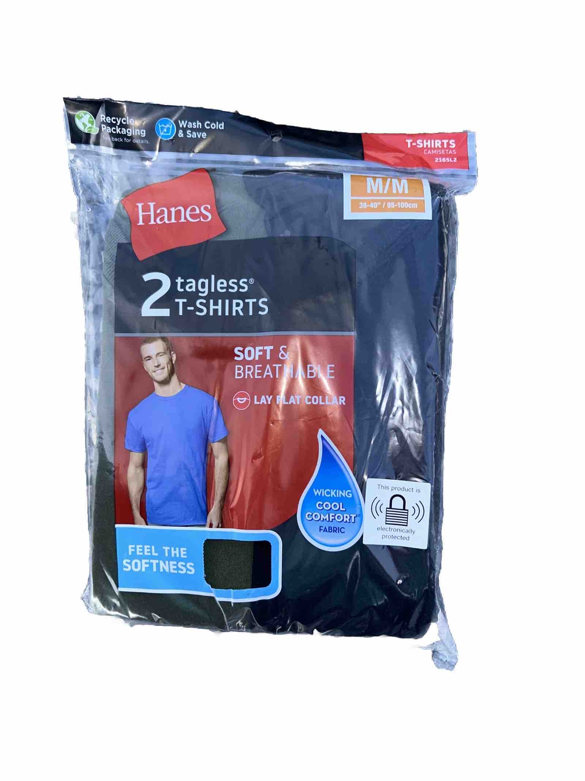 M 38-40” Hanes Mens 2 Tagless T-Shirts Wicking Cool Comfort Black/green Crew Nec