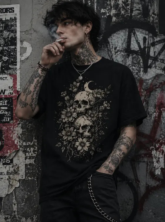 Vintage Floral Skull Graphic T-Shirt Gothic Botanical Halloween Tee