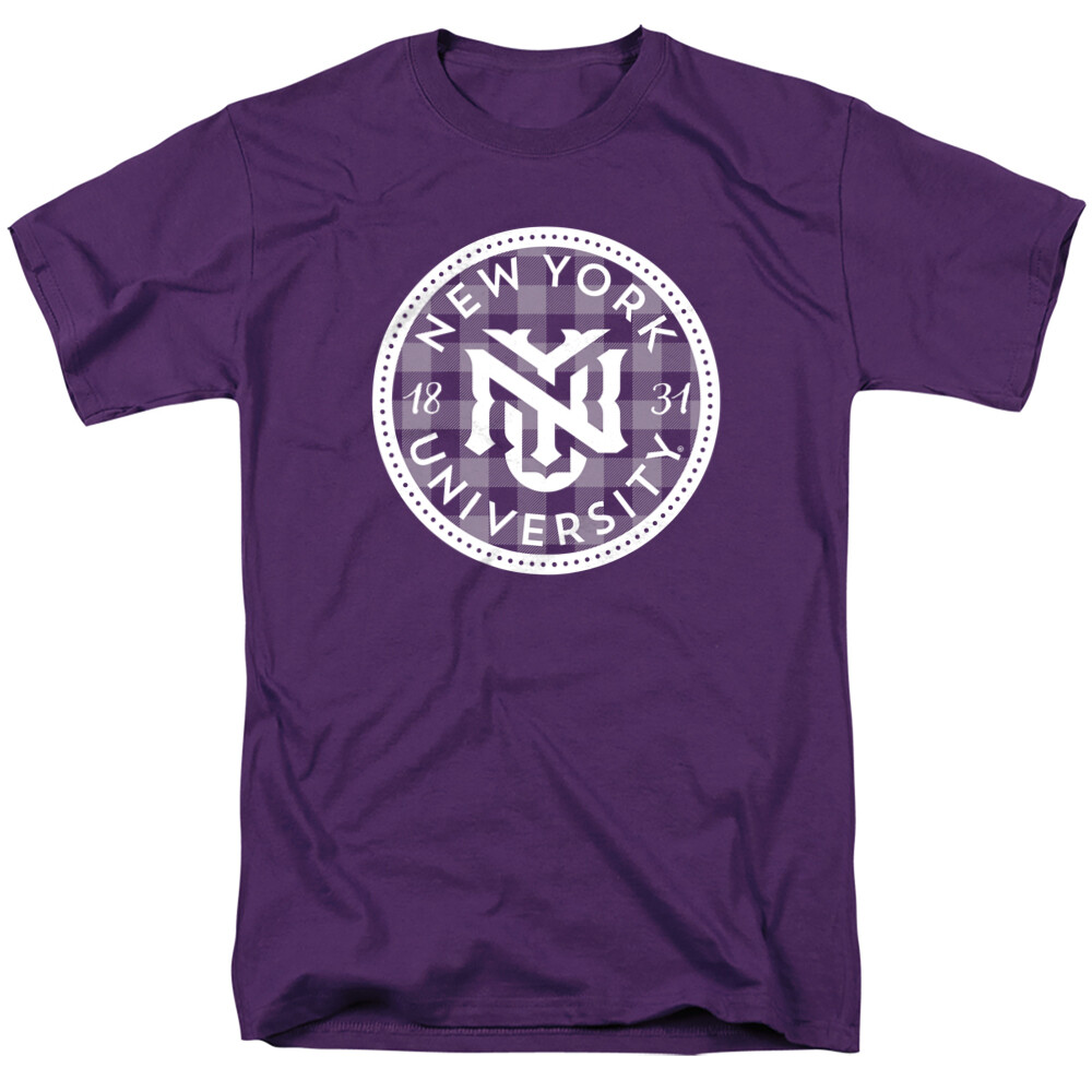 New York University Adult T-Shirt Plaid Badge, Purple, S-4XL
