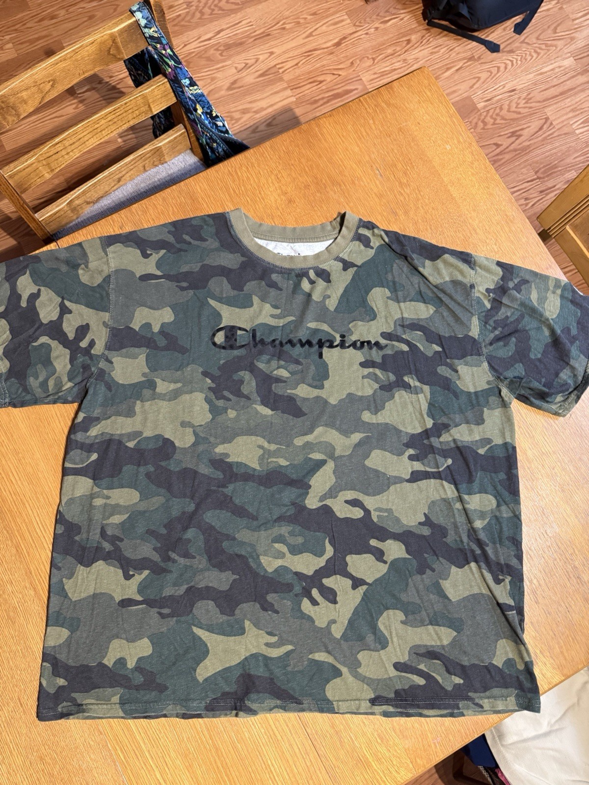 Champion Camo T Shirt 2XL Script Logo Flocked Cotton Army Green Mens
