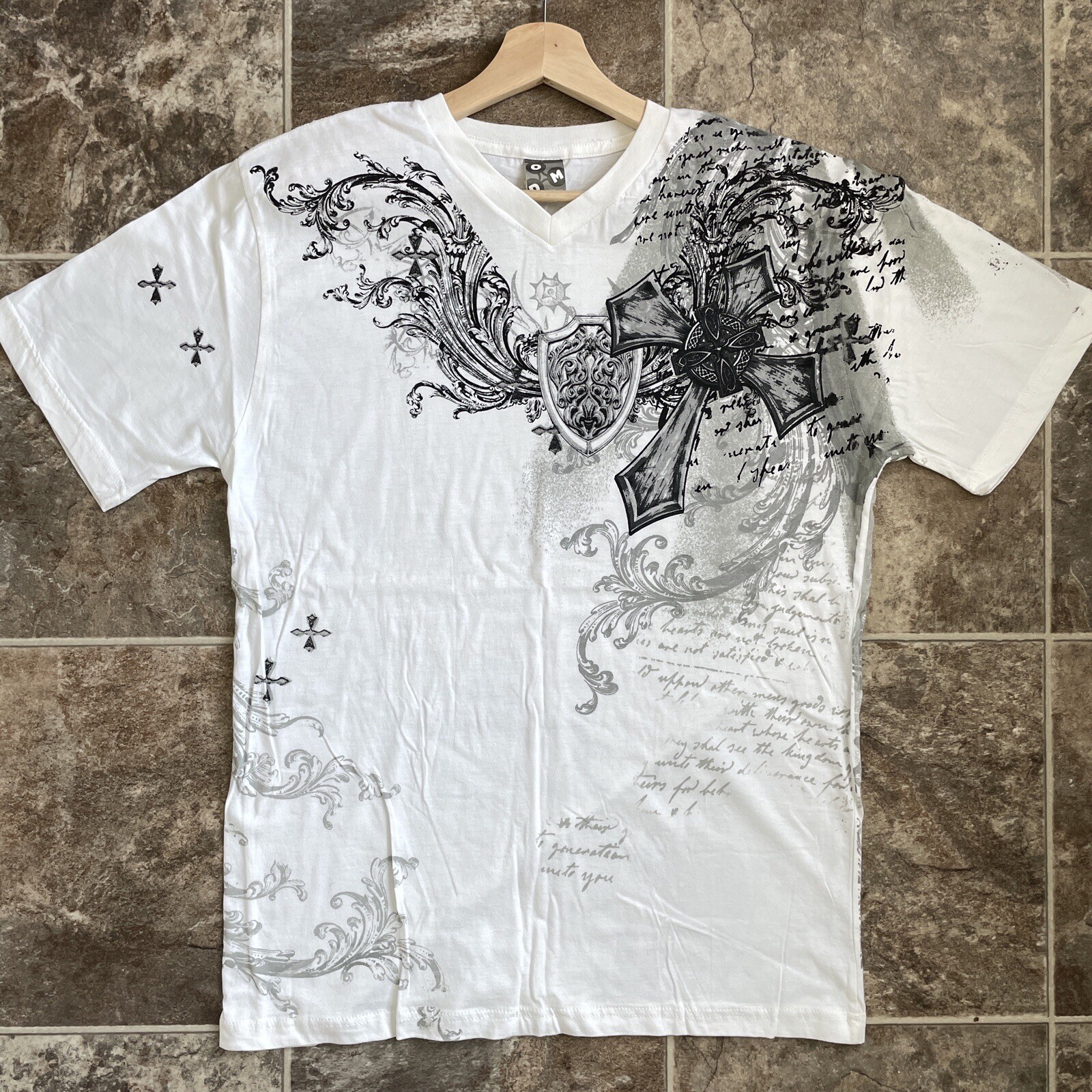 VTG ODM Men&rsquo;s Faith V-Neck XL T-Shirt Cross Graphic Tee Affliction Style Y2K