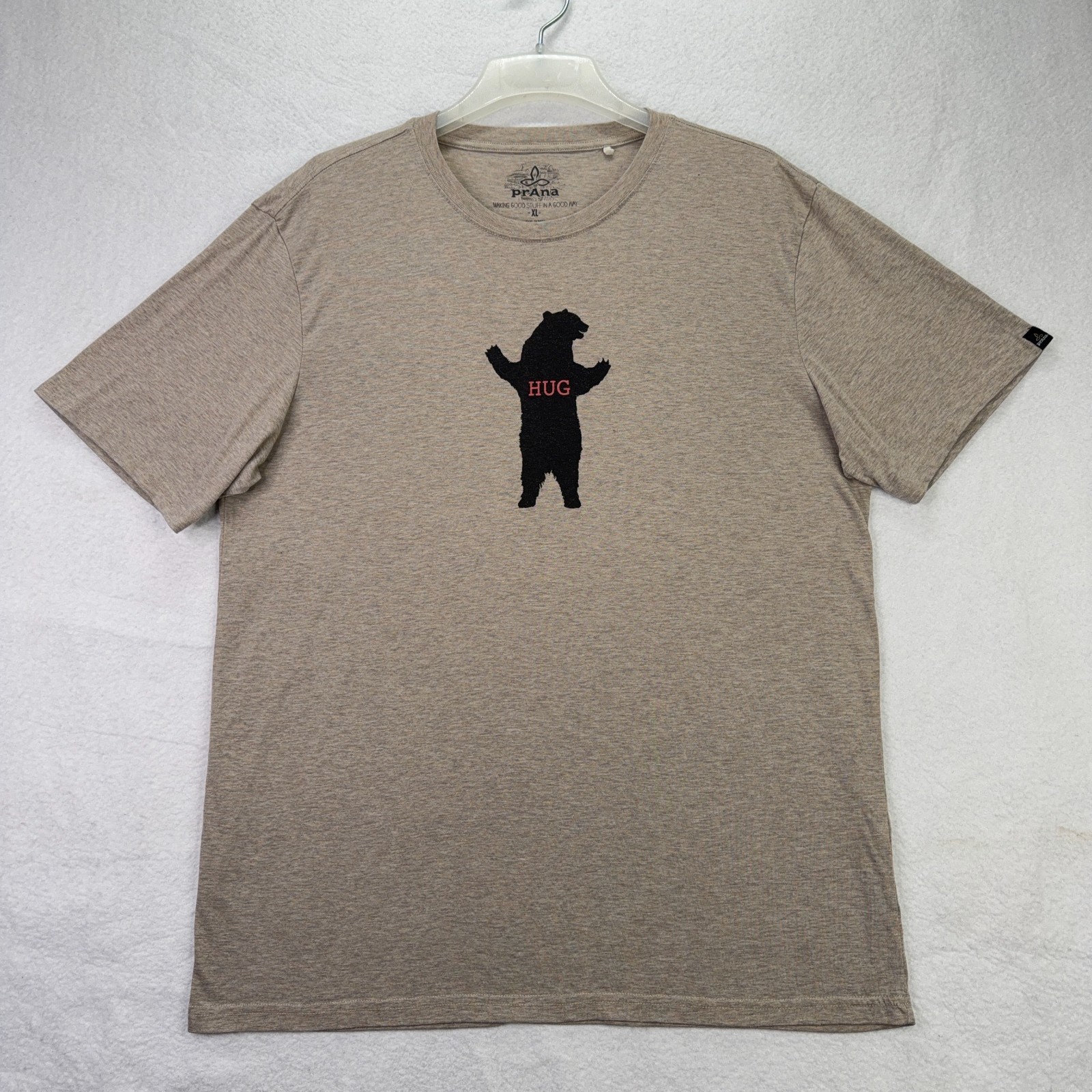 prAna Bear Hug Graphic T-Shirt Mens XL Heather Tan Short Sleeve Crew Neck