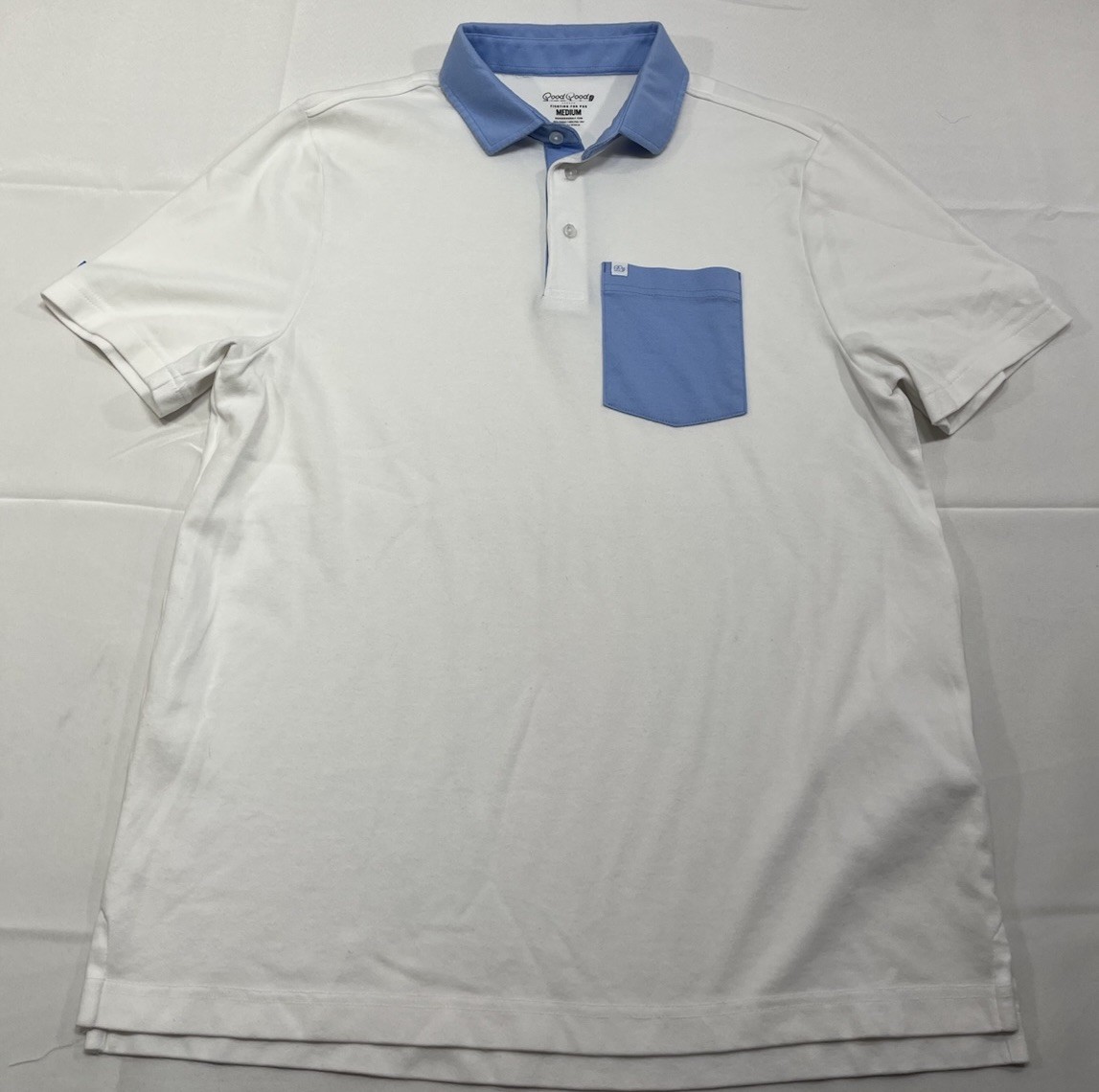 Good Good Golf Polo Shirt Men’s Size Medium White / Blue Contrast Collar Pocket