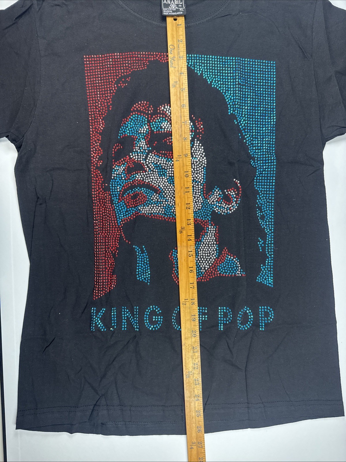 King Of Pop Rhinestone Portrait Graphic T Shirt Mens Black Bling Tee