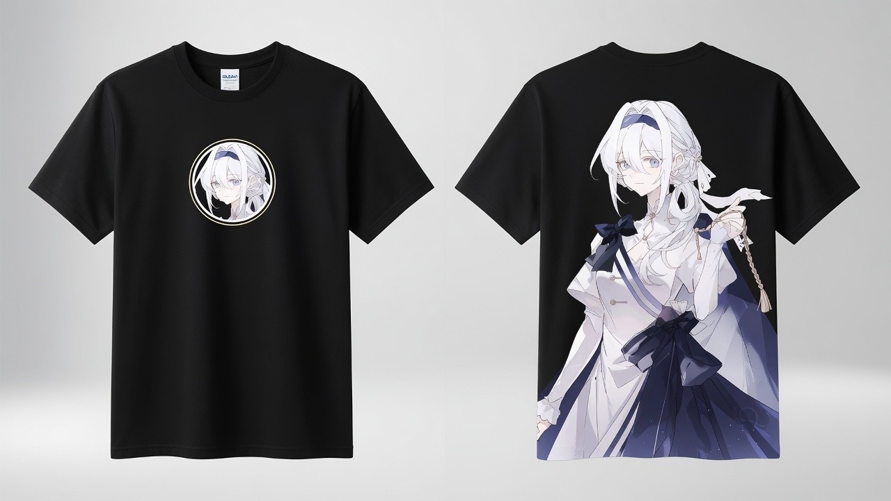 White Hair Anime Girl Blue Eyes White Dress Black Gildan Tee