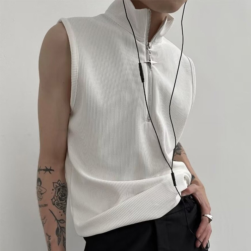 Retro Punk Zipper Tank Top for Men Stylish Sleeveless Vest with Stand Collar