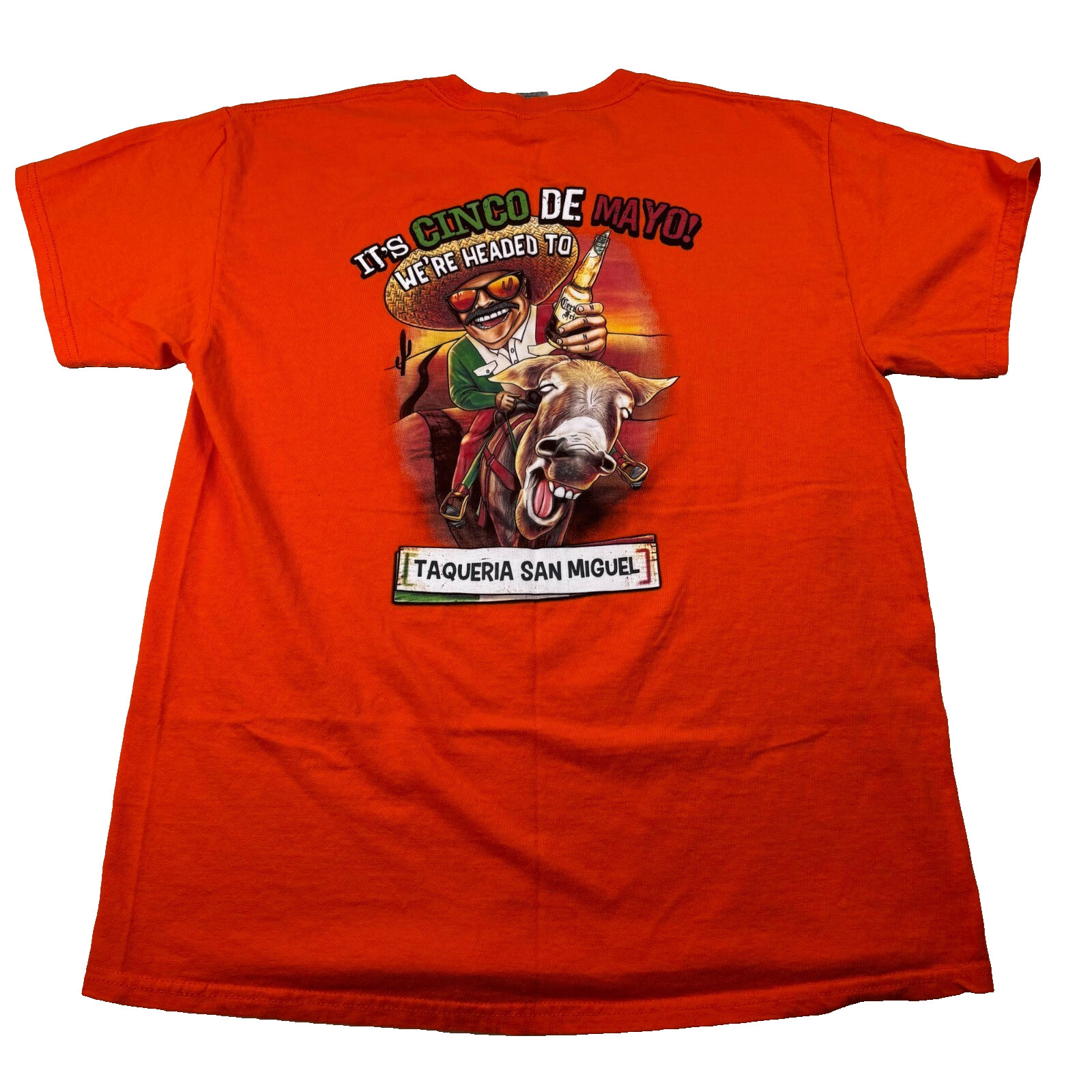 Gildan Men&rsquo;s T-Shirt Large Orange Cinco de Mayo We Headed To Taqueria San Miguel