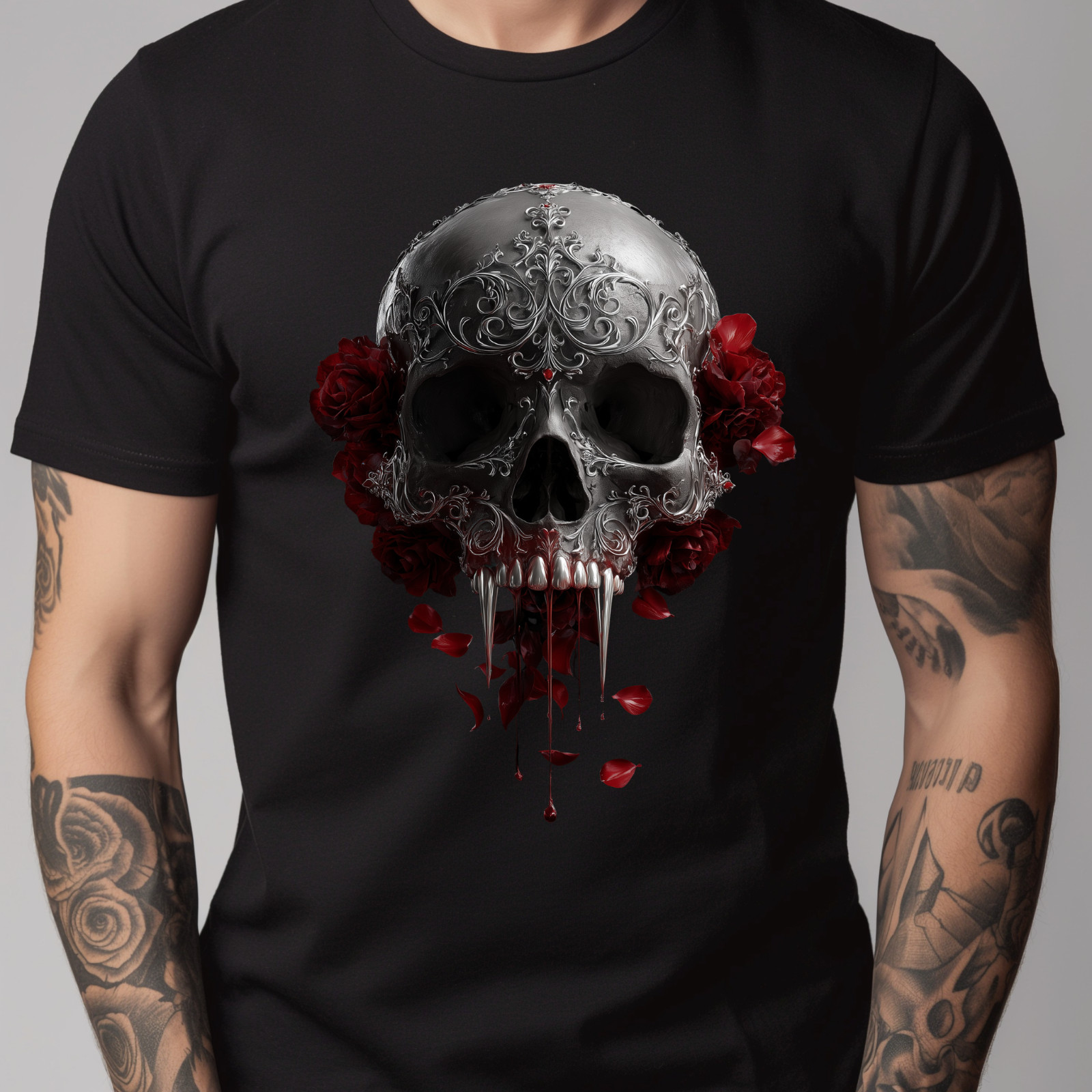 Vampire Skull T-Shirt – Blood Dripping Fangs, Gothic Filigree, Dark Rose Art