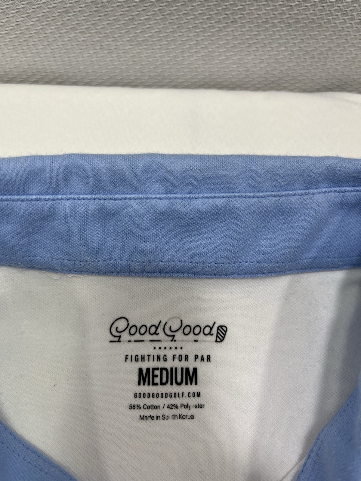 Good Good Golf Polo Shirt Men’s Size Medium White / Blue Contrast Collar Pocket