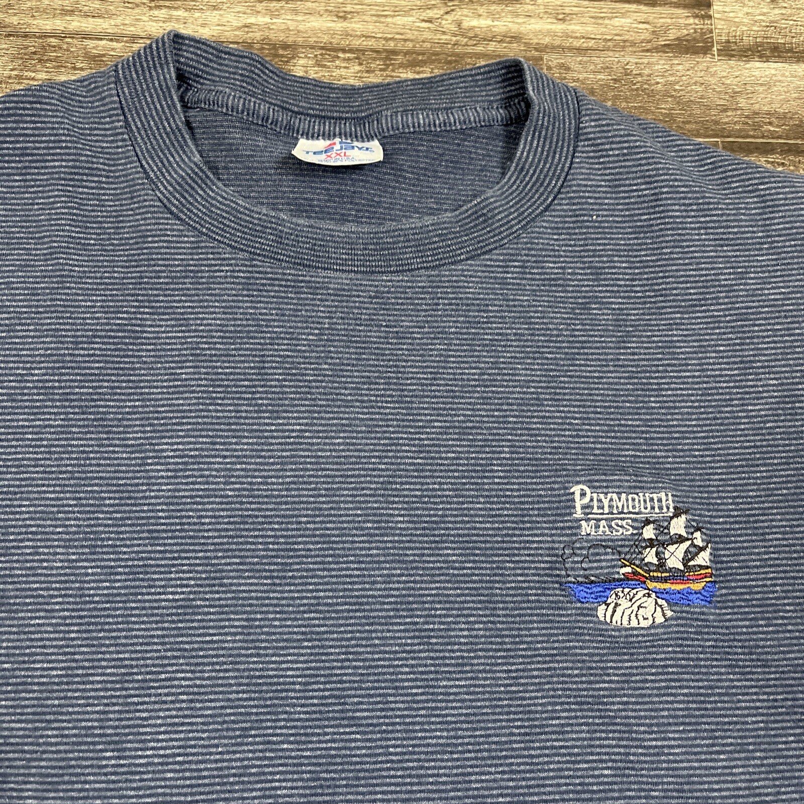 Vintage Plymouth Mass Souvenir Single Stitch Shirt XXL 2XL Blue Striped USA Made