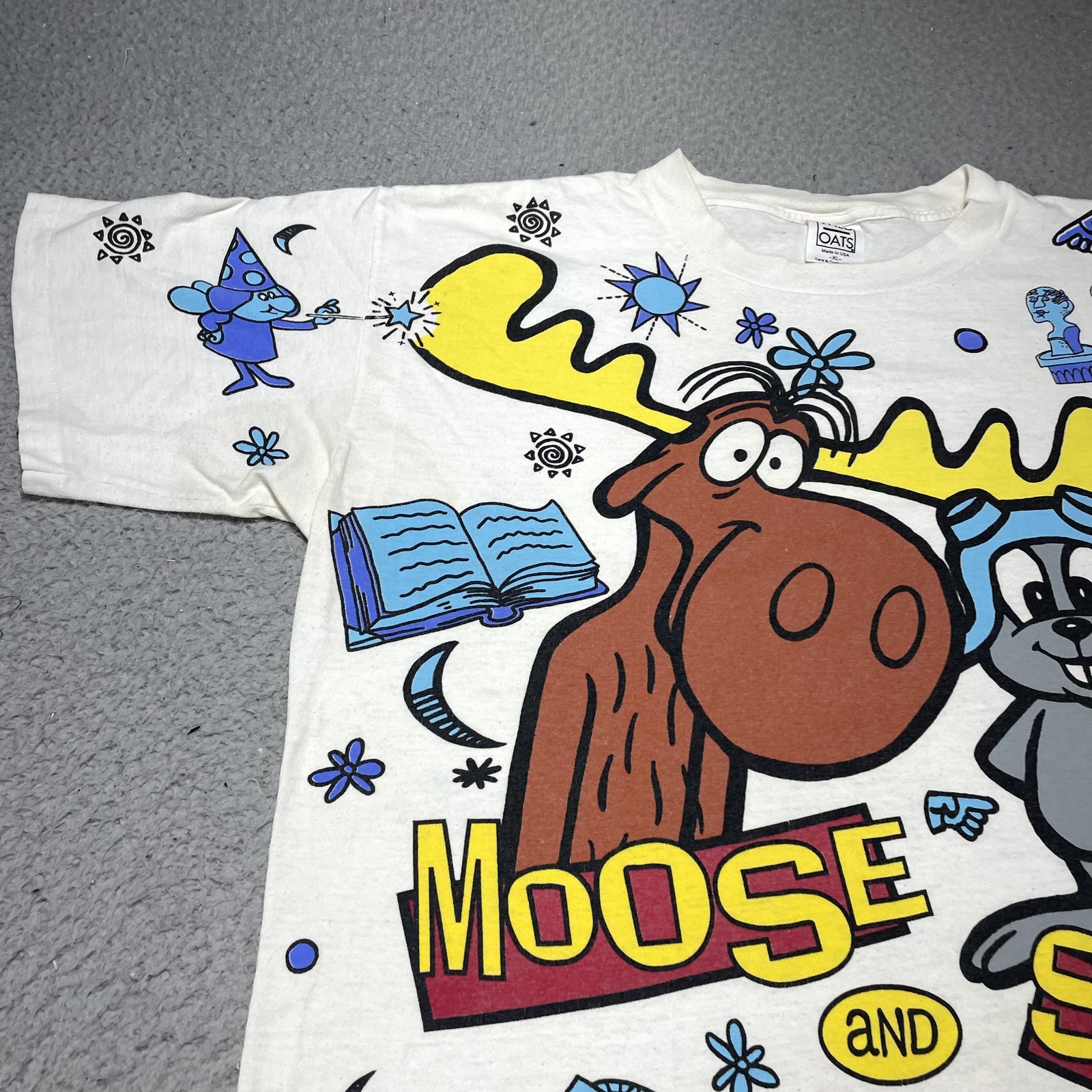 Vintage Wild Oats Rocky & Bullwinkle Shirt Mens XL White Moose Squirrel Tee 90s