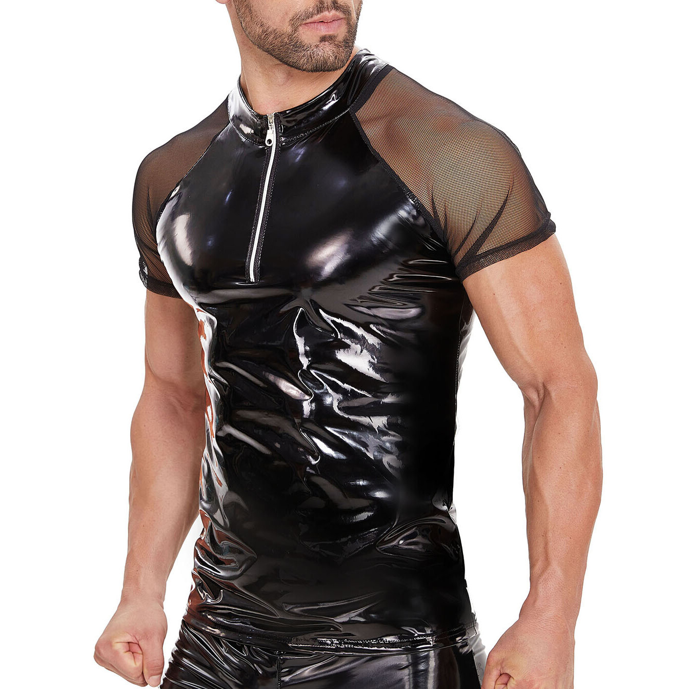 Mens Shiny PVC Leather T-Shirt Latex Wetlook Male Glossy Zipper Slim Shirts Tops