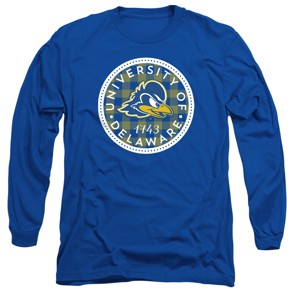 Delaware Adult Long Sleeve T-Shirt Plaid Badge, Royal Blue, S-3XL