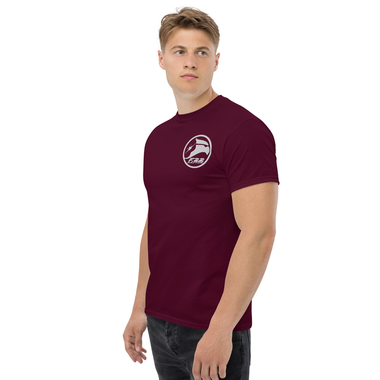 F-22 Raptor Fighter Jet T-Shirt with Embroidered Logo and Infographic Design