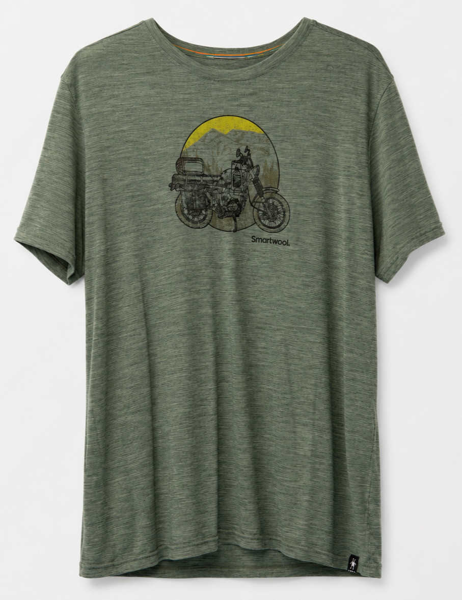 Smartwool Mens XL Green Merino Wool Blend T-Shirt Motorcycle Graphic Tee Retro