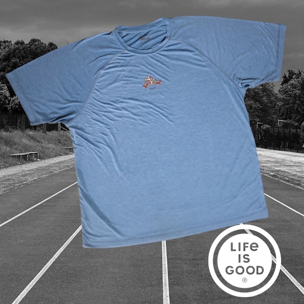 Life Is Good Men&rsquo;s Good Move Semi Fitted Running Sneakers Tee Blue XL FLAW