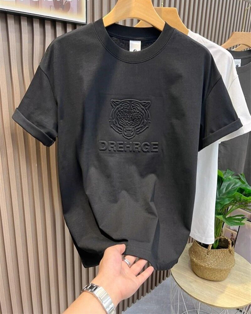 New Men Fashion Trend Tiger Embroidery Summer Short Sleeve Luxury Cotton T-Shirt