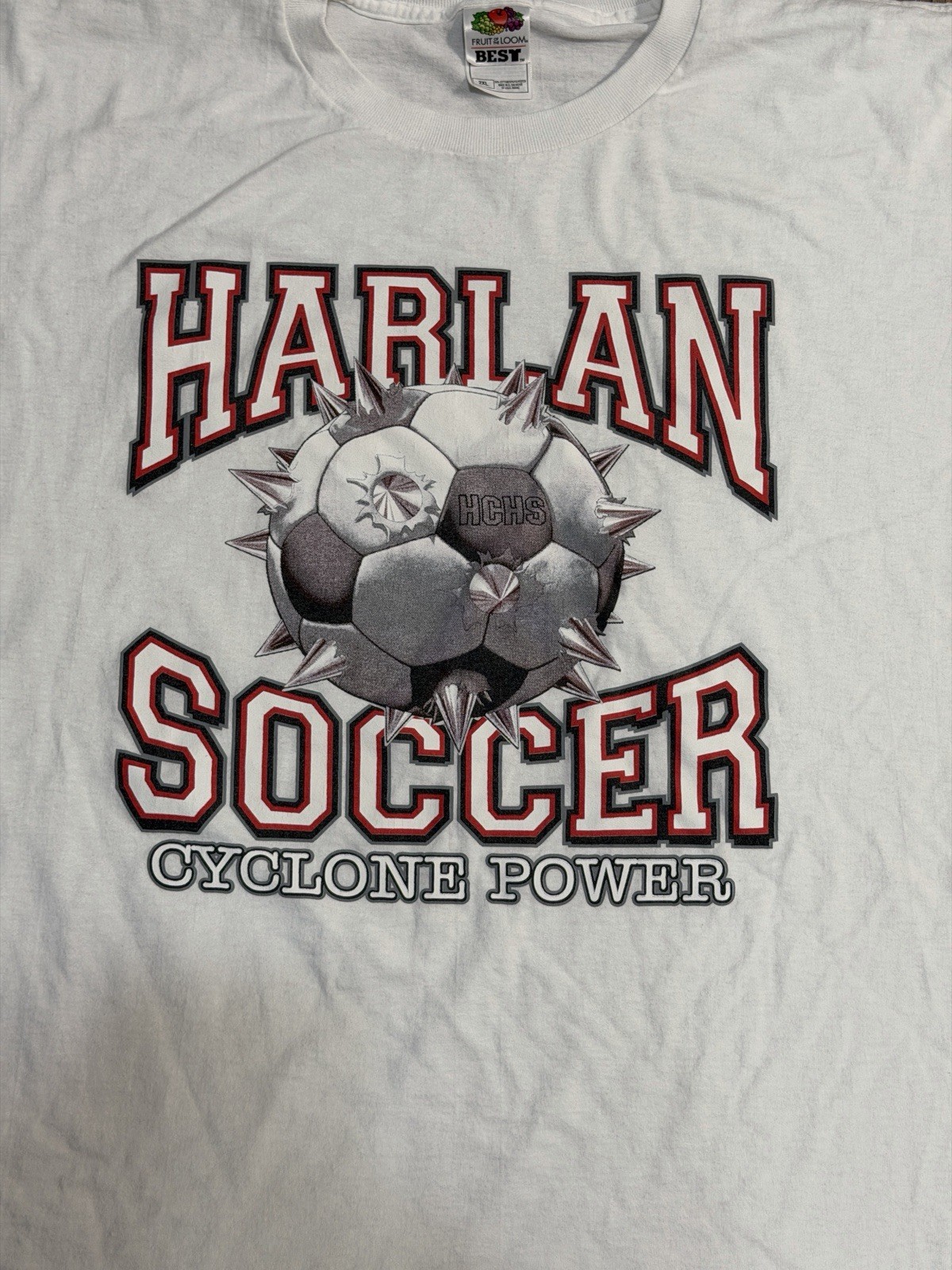 Vintage Y2K 2000s Harlan Cyclones Iowa Soccer Power High School Shirt White 2XL
