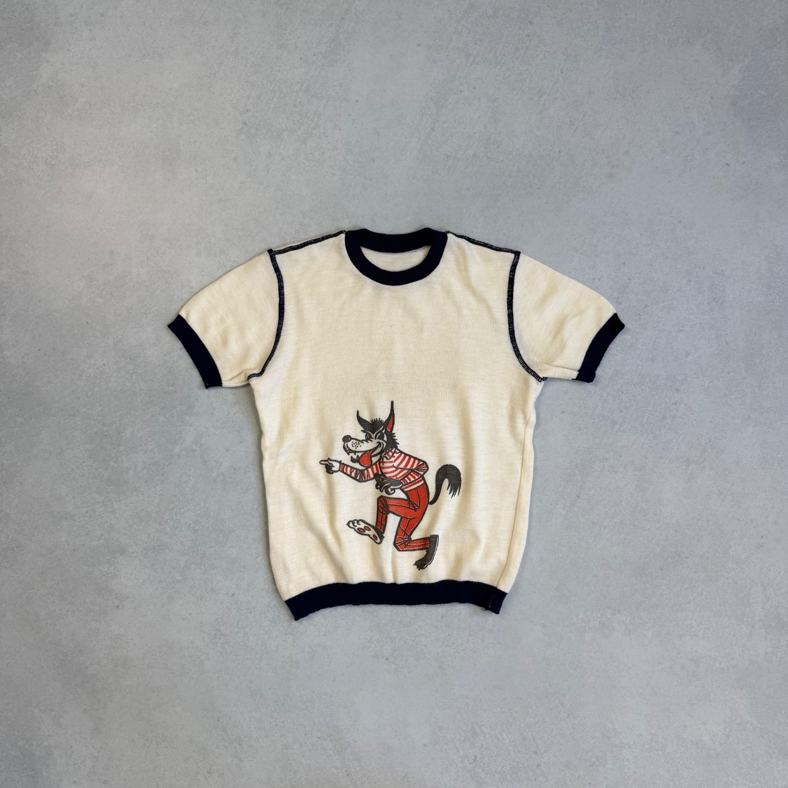 VINTAGE 60&rsquo;s ACKERMANN BIG BAD WOLF CARTOON ACRYLIC KNIT TEE T-SHIRT YOUTH 164CM