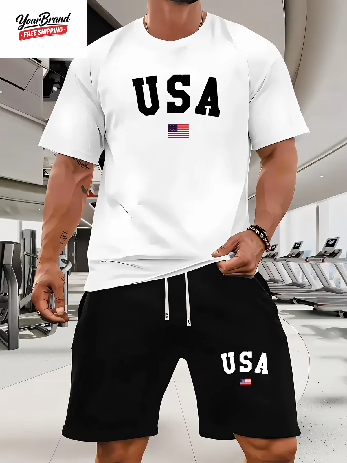 Fashion American Flag Graphic Print T-Shirt Shorts 2-Piece Set Casual Men&rsquo;S USA