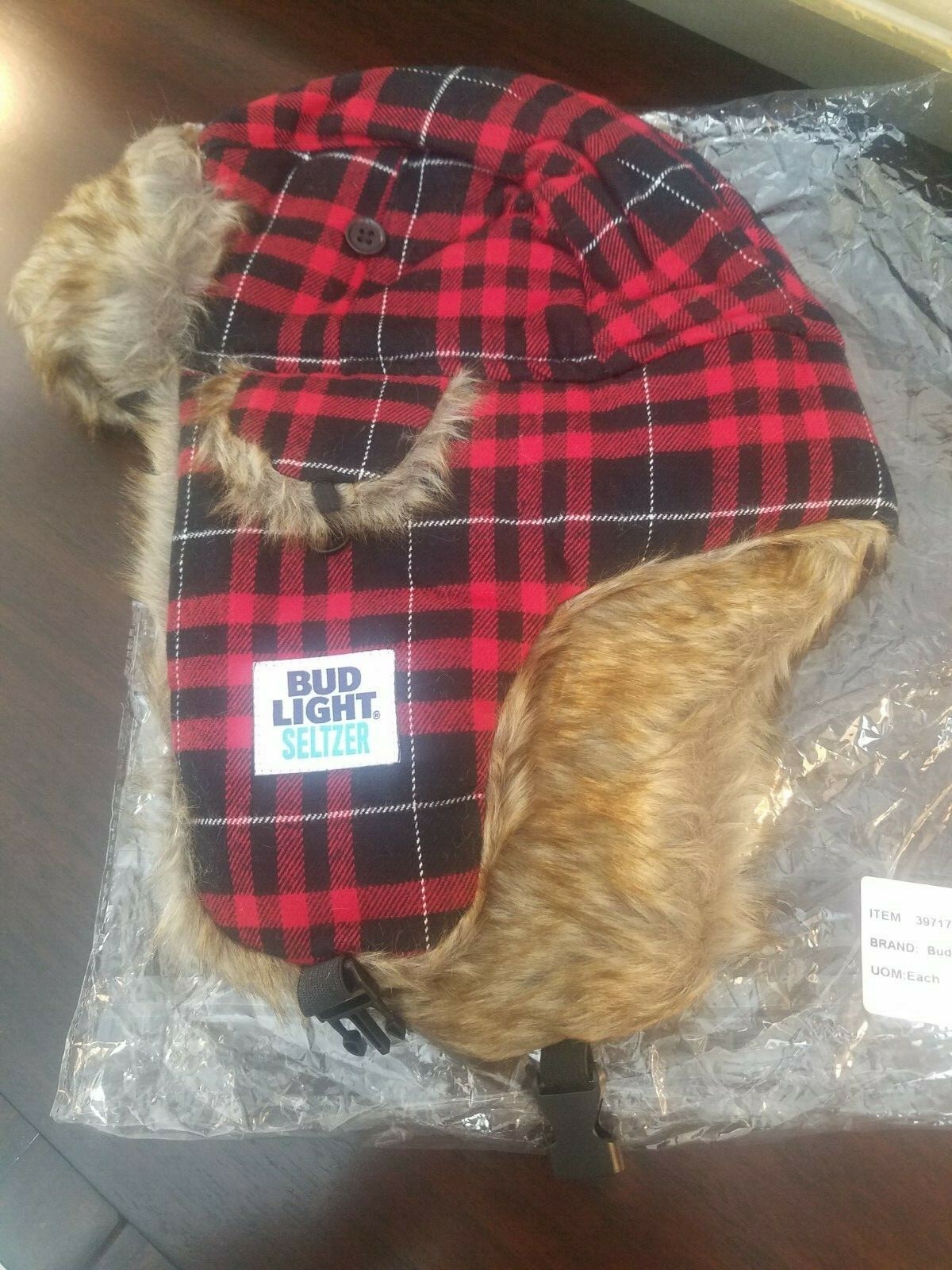 Bud Light Seltzer Trapper Hat -Faux Fur -Ear Flaps – Red & Black Plaid -NEW!
