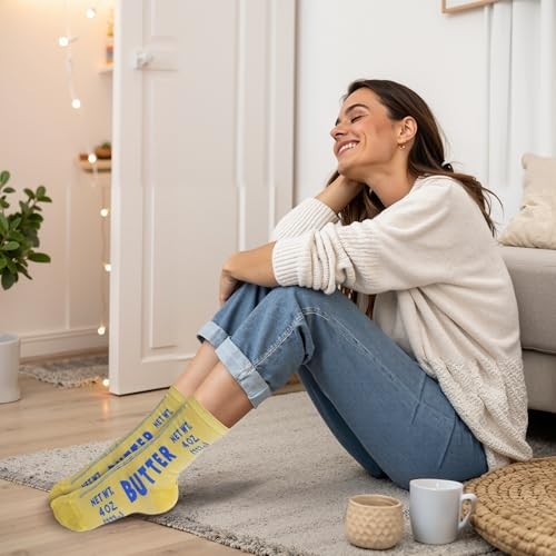Butter Socks – Funny Food Novelty Crew Socks for Women 5–10 & Men 4.5–8.5 Blue