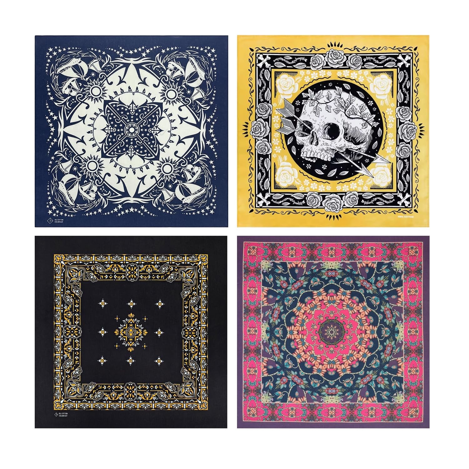 Bycc Bynn 4Pack 100% Cotton Bandana Set, Vintage Graphic Print, 22×22 inches …