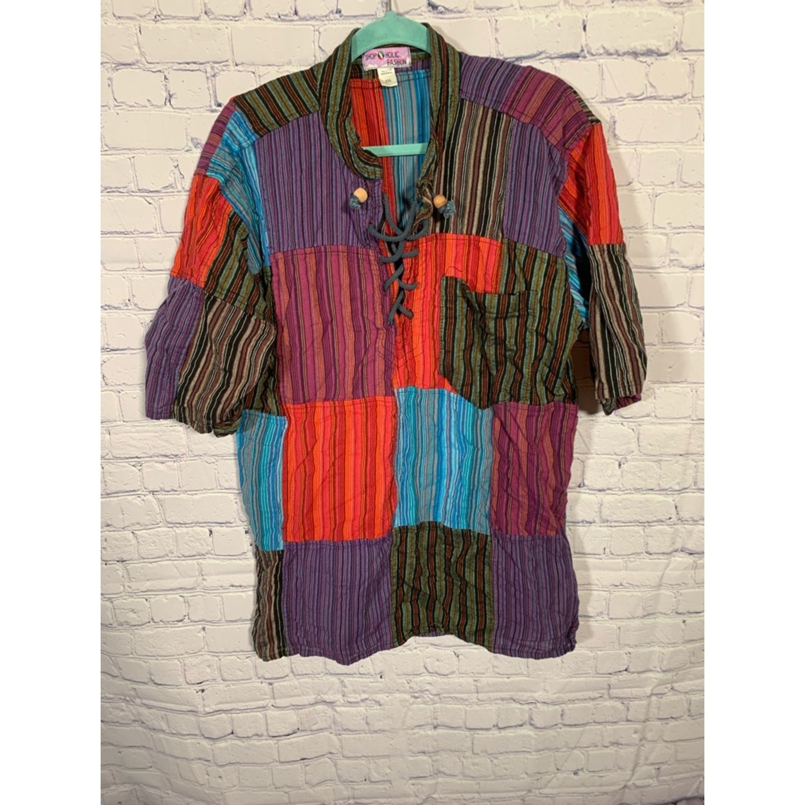 Mens Patchwork Short Sleeve Shirt Lace Up Front Multi XXL Festival Boho Hippie