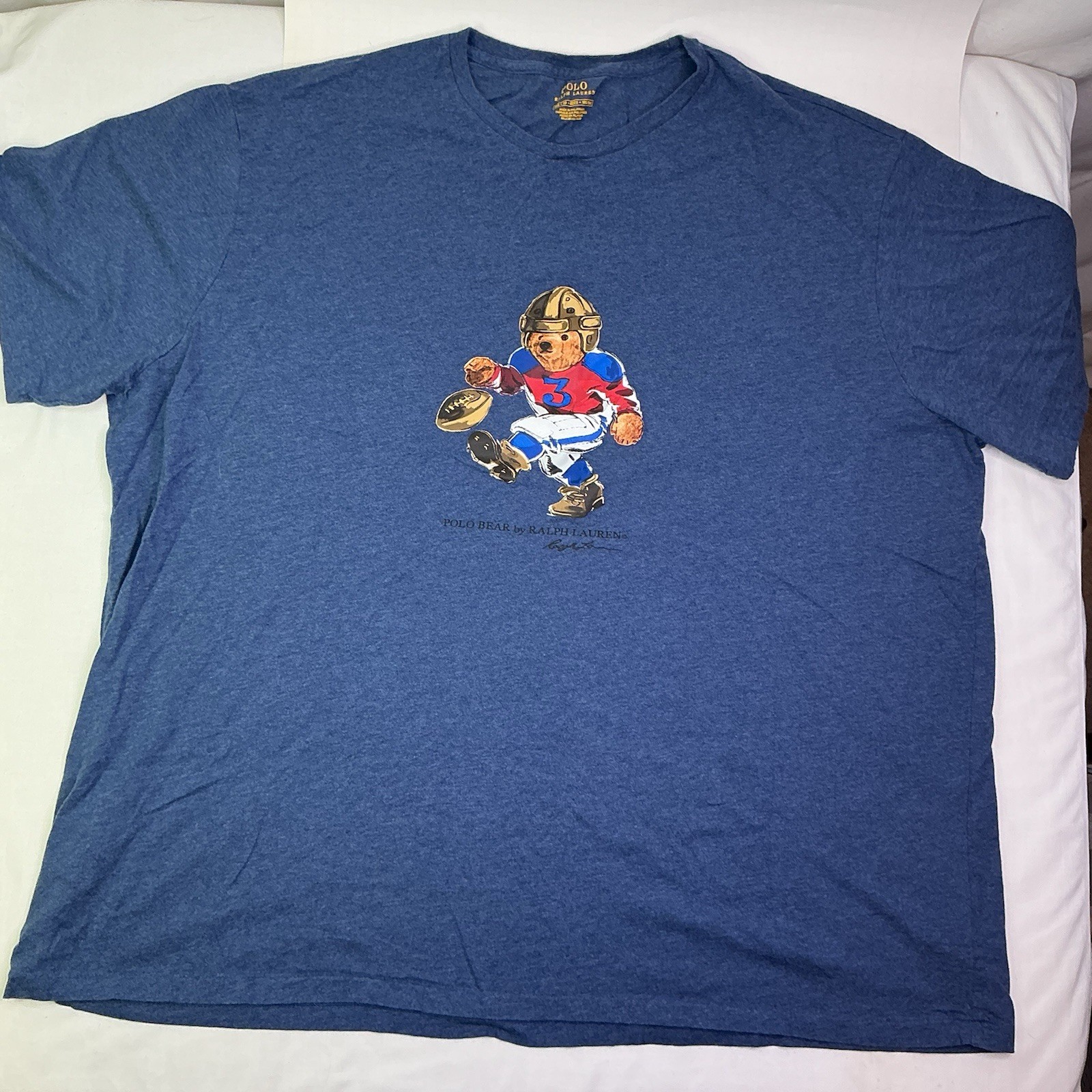 POLO Ralph Lauren Mens Football Bear Graphic T Shirt Size 3XB Blue Preppy