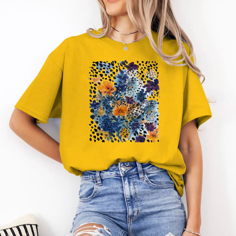 Watercolor Floral Comfort Tee Abstract Art Design Soft Relax