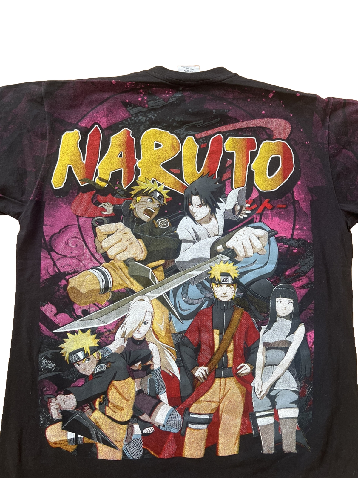 Naruto Sasuke Anime T-Shirt AOP Reprint Boot Black Pink Mens XL Single Stitch