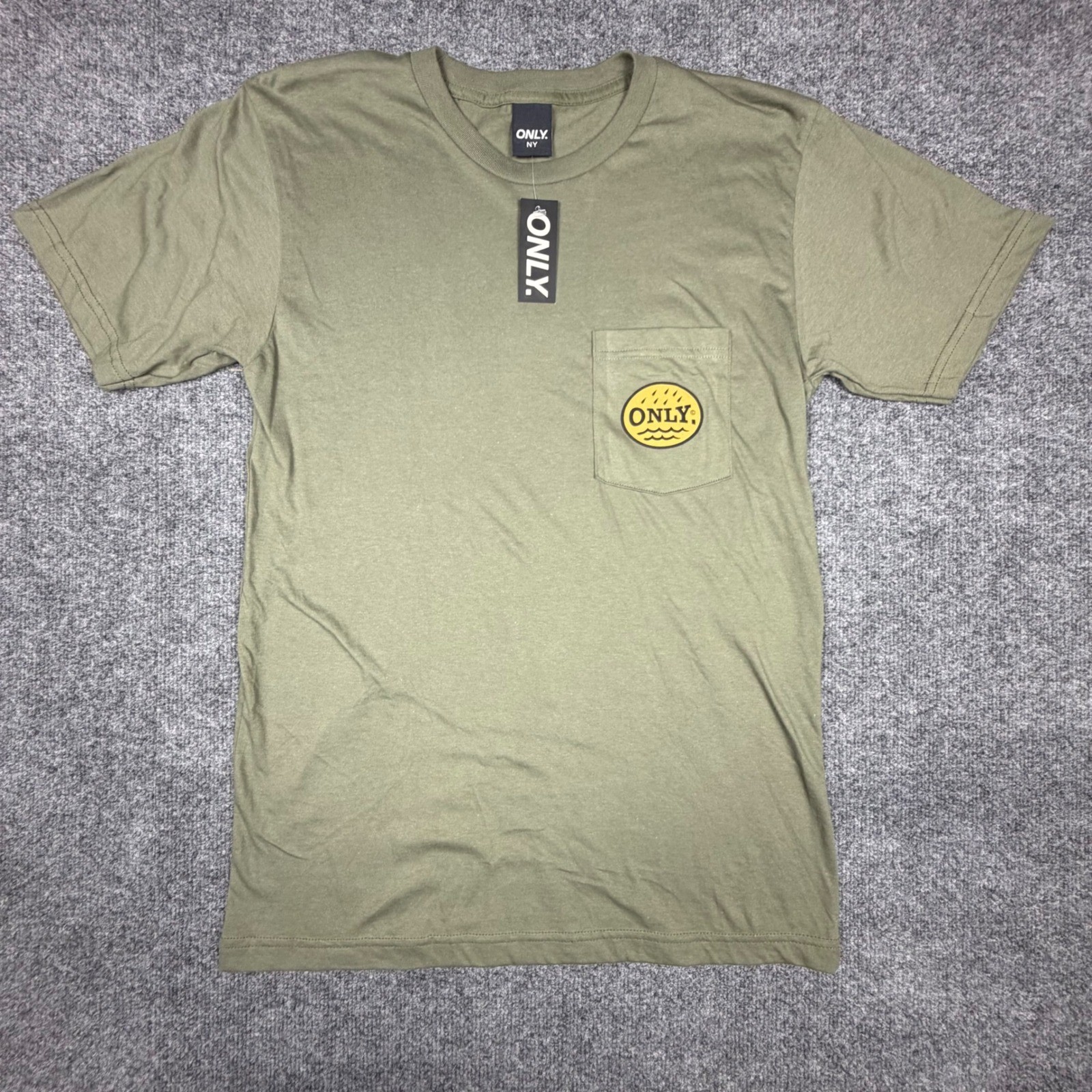 Only NY Mens Pocket T-Shirt Olive Green Graphic Logo Made in USA Cotton Size M