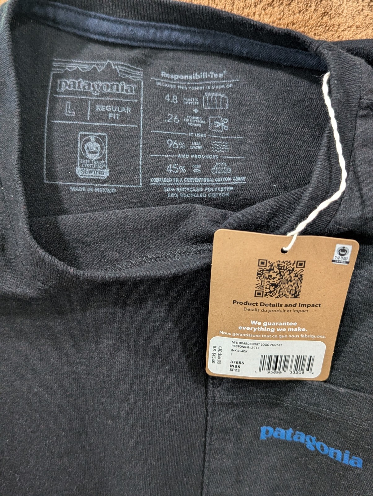 New Patagonia Responsibili-Tee Men&rsquo;s L Regular Fit Black Pocket Logo Graphic Tee