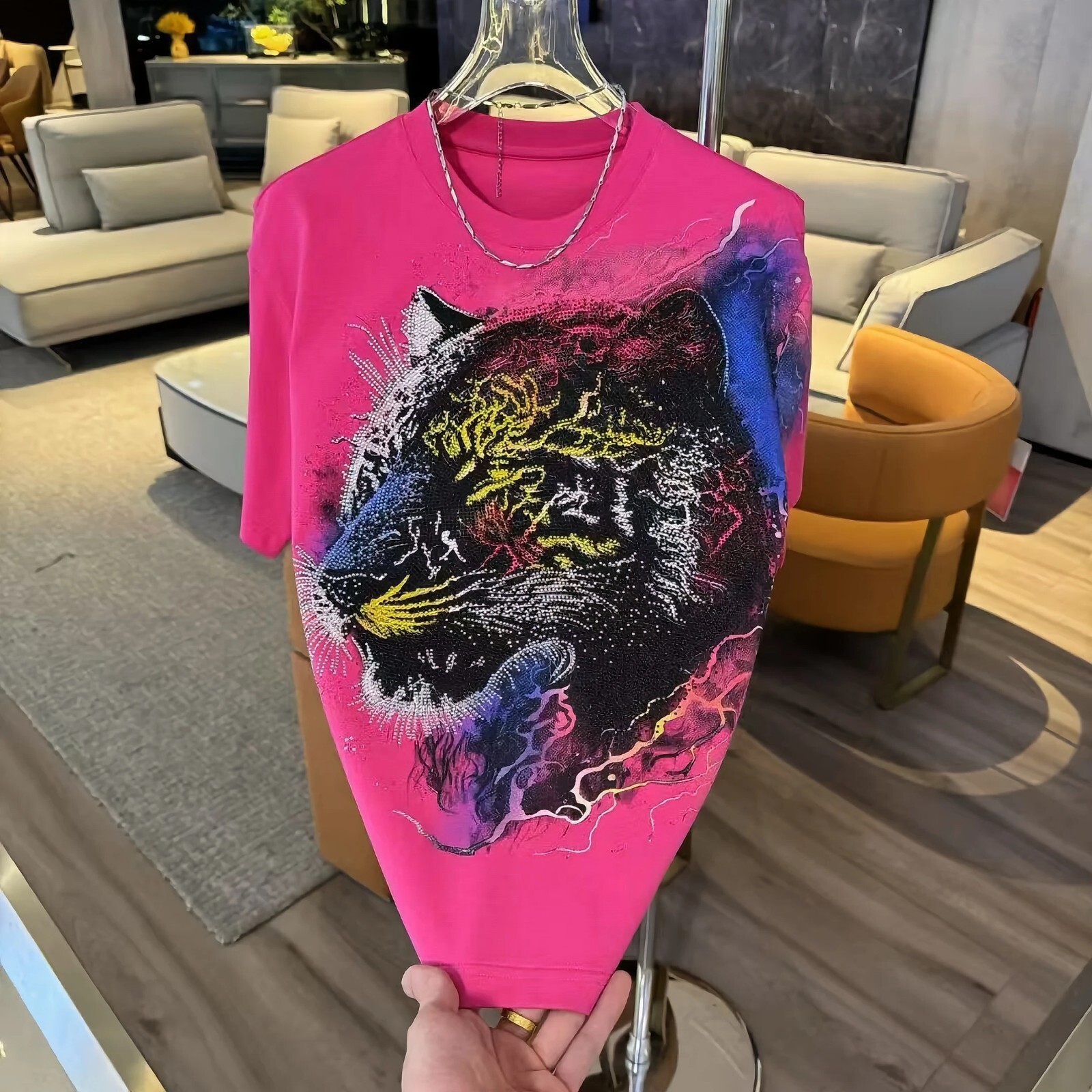 New Men Luxury Diamond Tiger Rhinestones Fashion T-Shirt High Quality 3 Colors